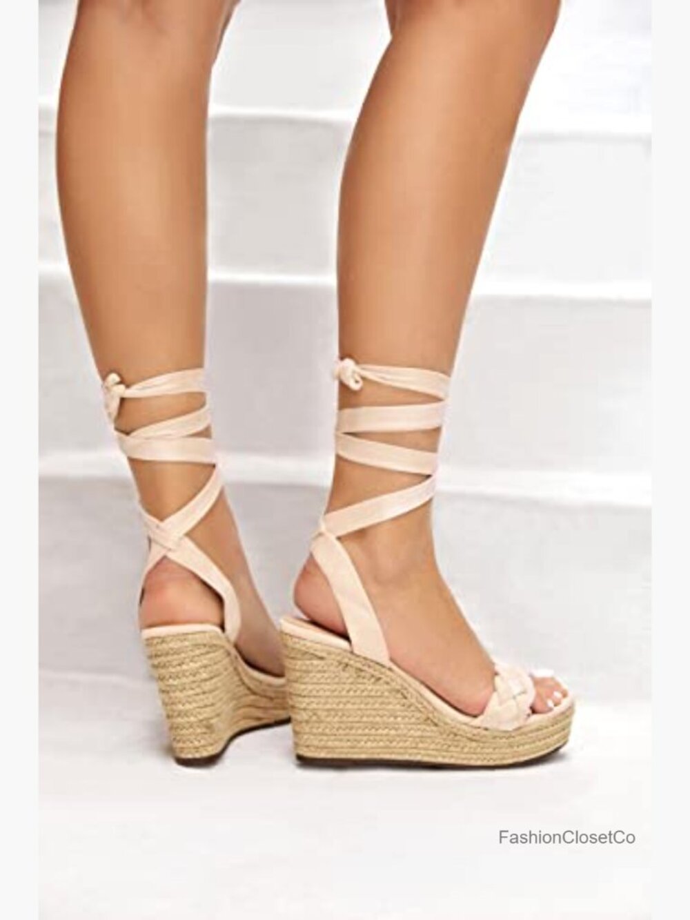 Braided Wedge Espadrille Sandals Lace Up Slingback Open Toe Platform Heeled - Picture 4 of 7